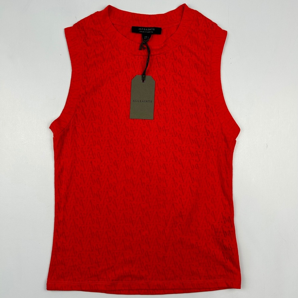 AllSaints Imogen Devore Tank Poppy Blaze Red Monogram Logo WM162W Womens 6 NEW